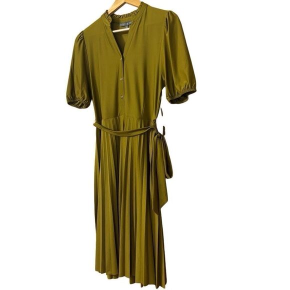 Sharagano Pleated Short Sleeve Dress Size 6 Spanish Olive New - Picture 2 of 9